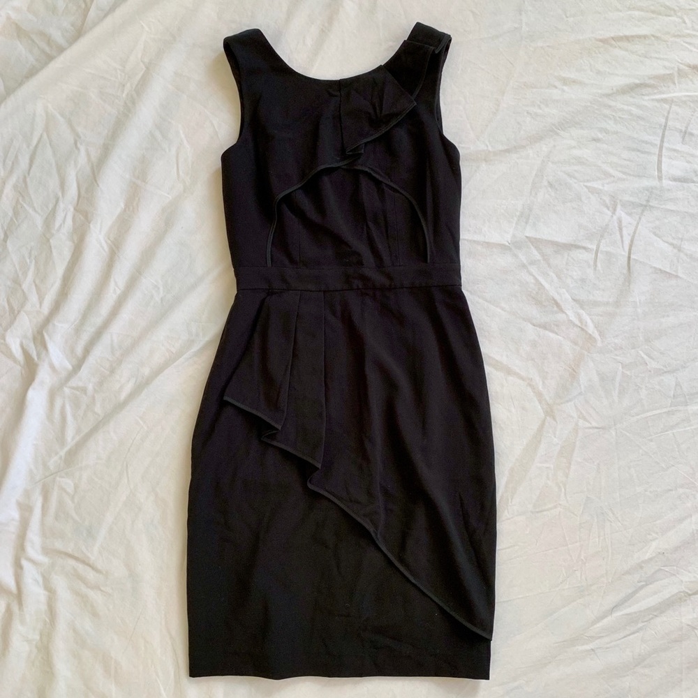 BCBG sleeveless, ruffled sheath dress